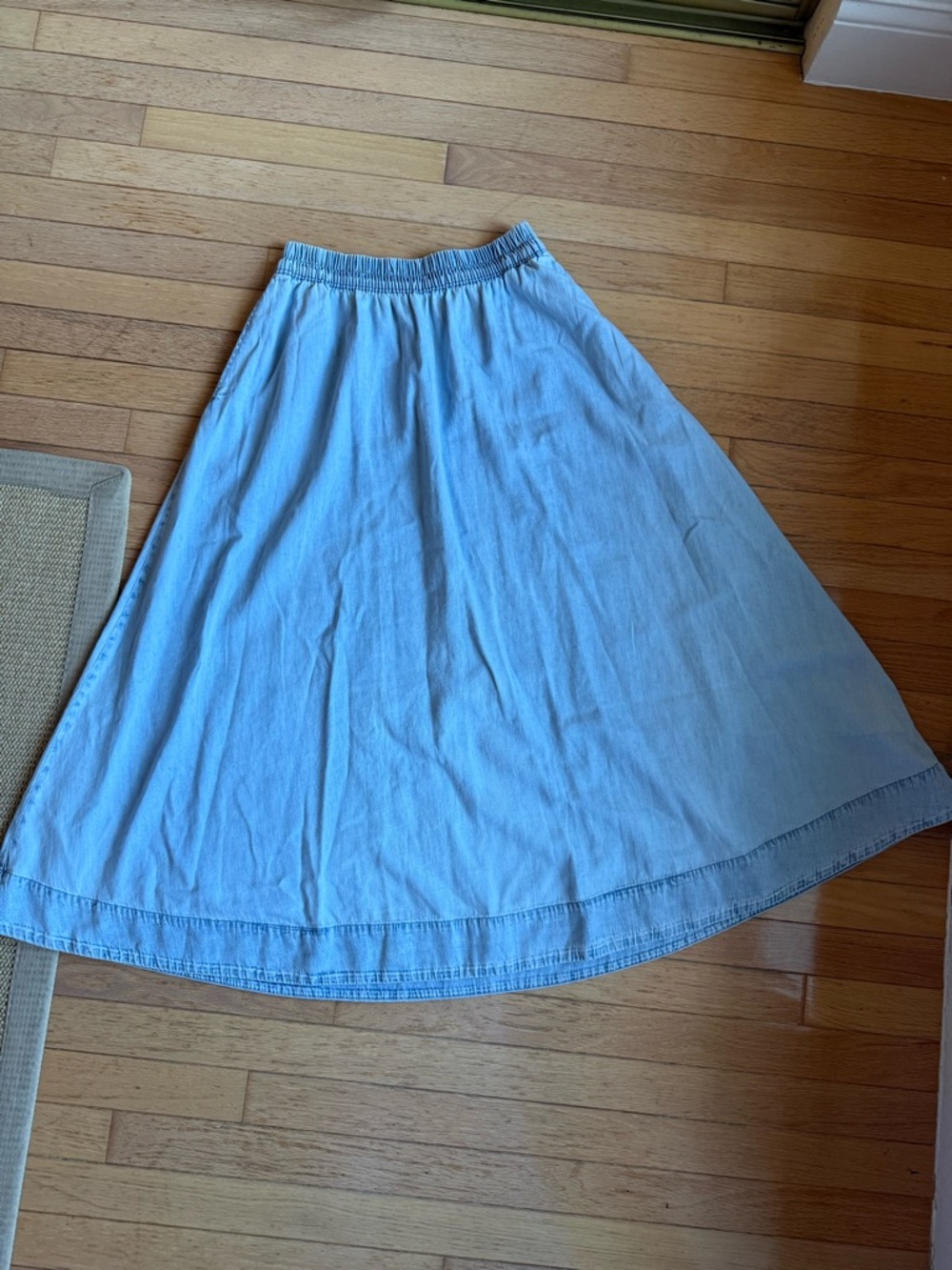 Light Blue Denim Midi Skirt - Elastic Waist - Picture 2 of 6
